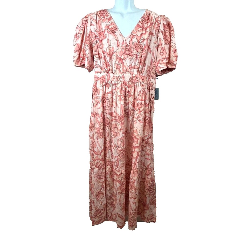 CeCe Linen Blend Pink White Floral Long Maxi Dress sz XL NWT
